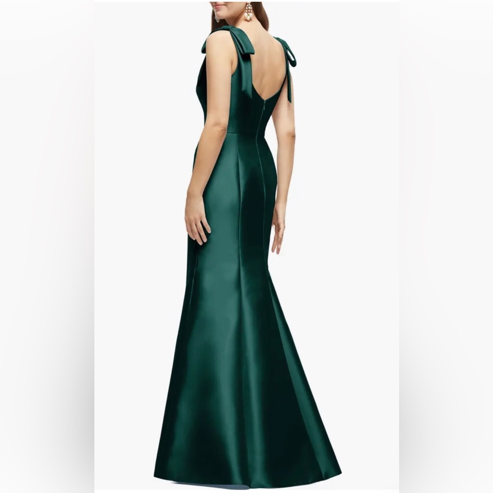 New Alfred Sung Bow Strap Satin Twill Trumpet Gown Green Maxi Dress Size 16R - Picture 2 of 3